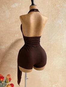 Soleia Women's Casual Brown Jumpsuit Summer Set, Paired With Gold Accessories, Suitable For Vacation, Beach Holiday And Other Occasions. - Brown - View 2