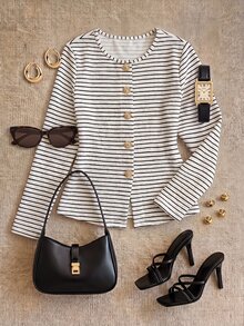 Franclia Blue White Stripe Plus Size Fitted Short Cardigan, Round Neck Long Sleeve Floral Button Design, Casual Elegant Sailor Classy Top Women, Fall - Multicolor - View 1