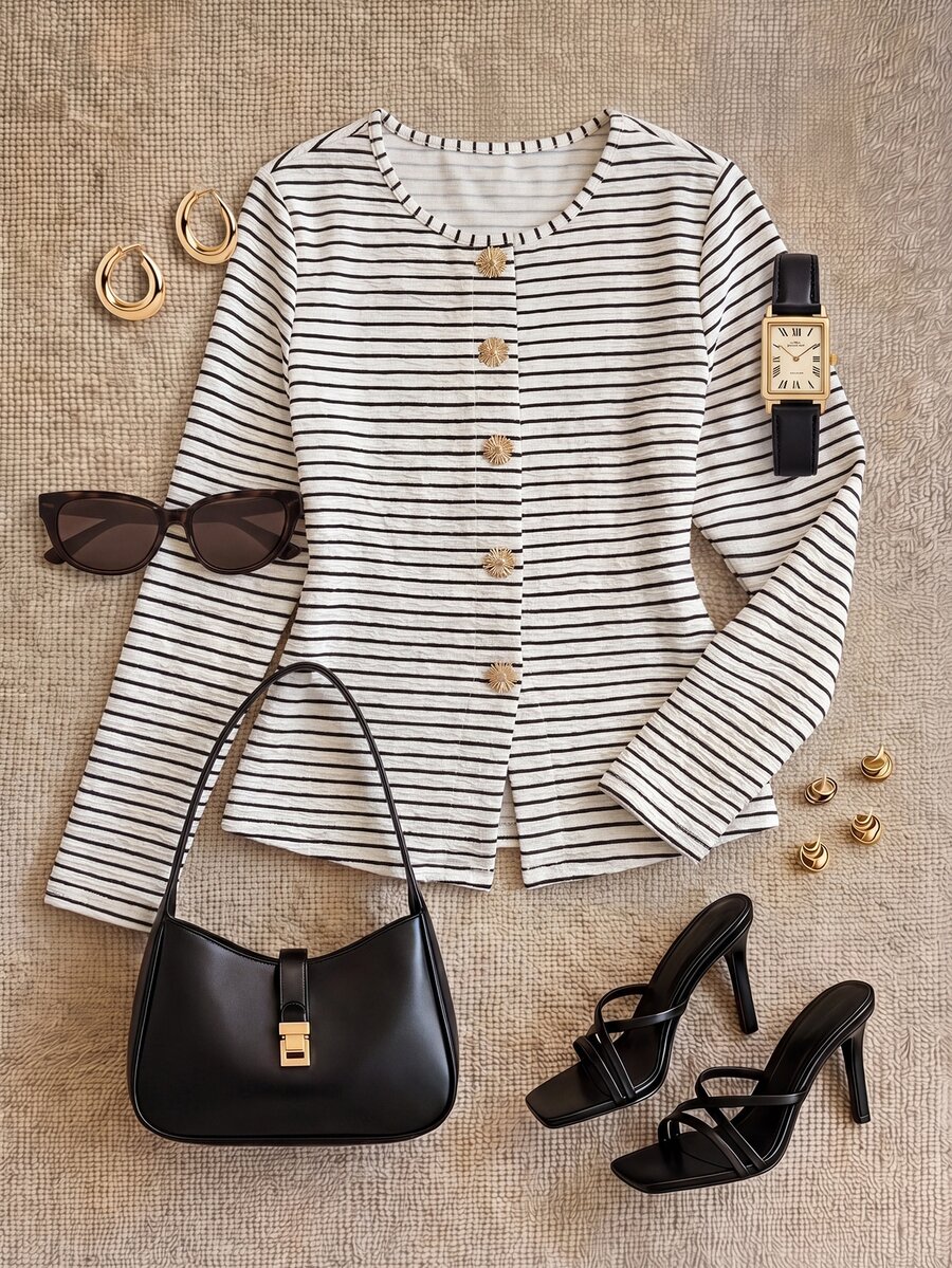 Franclia Blue White Stripe Plus Size Fitted Short Cardigan, Round Neck Long Sleeve Floral Button Design, Casual Elegant Sailor Classy Top Women, Fall - Multicolor - View 1