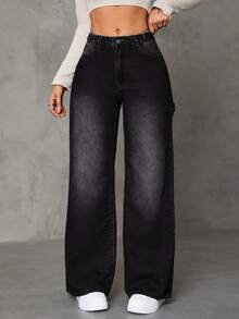 SHEIN Tall 女款 TALL 寬腿水洗牛仔褲，附寬腰帶環 - 黑色 - 查看 5