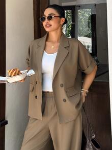 Dazy Plus Setelan Blazer dan Celana Panjang Wanita Ukuran Besar Warna Polos dengan Belahan Belakang dan Pita, Gaya Baru Awal Musim Gugur - Khaki - View 4