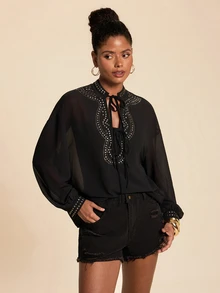 Travachic Women's Elegant Heavy Embellished Daily Commute Versatile Rhinestone Chiffon Semi-Sheer Long Sleeve Loose Blouse - Black - View 7