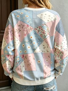 Selamara 女款拼色花卉衛衣，粉色花卉拼接，時尚田園少女風長袖 - 彩色 - 查看 2