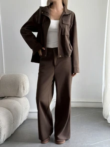 DAZY Women's Solid Color Zipper Front Jacket And Pants Casual 2 Pieces Set Fall - Chocolate Brown - View 6