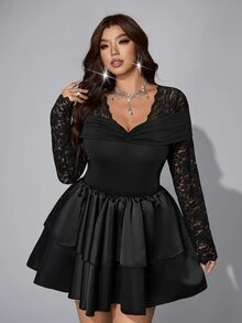Viva Relle Plus Size Women's Elegant V-Neck Lace Patchwork Solid Fabric Elegant Ruched Collar T-Shirt, Daily Wear, Commute Wear Fall - Black - View 4
