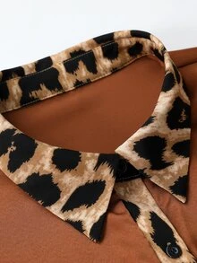 Velvienne Women's Plus Size Elegant Casual Daily Commute Colorblock Faux Silk Satin Patchwork Brown Leopard Print Long Sleeve Button-Up Loose Blouse Fall - Multicolor - View 7