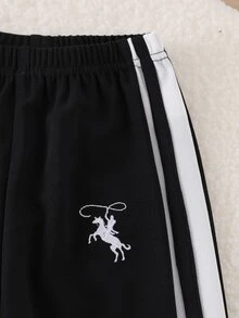 SHEIN 2件組少女 Polo 衫 + 長褲，學院風白色黑色馬術刺繡側條紋長袖 V 領休閒校服，適合秋季生日女孩運動風 - 黑色 - 查看 8