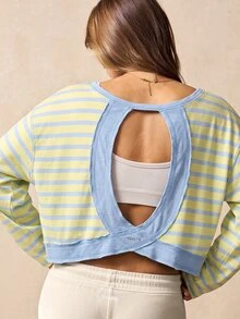VARSIVA Women's Striped Back Cutout Drop Shoulder Long Sleeve Sports T-Shirt - Multicolor - View 5