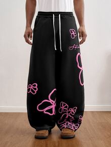 TOKVUE Y2K Men's Casual Colorblock Letter Print Drawstring Waist Sports Pants, Men's Printed Sweatpants, - Black - View 3