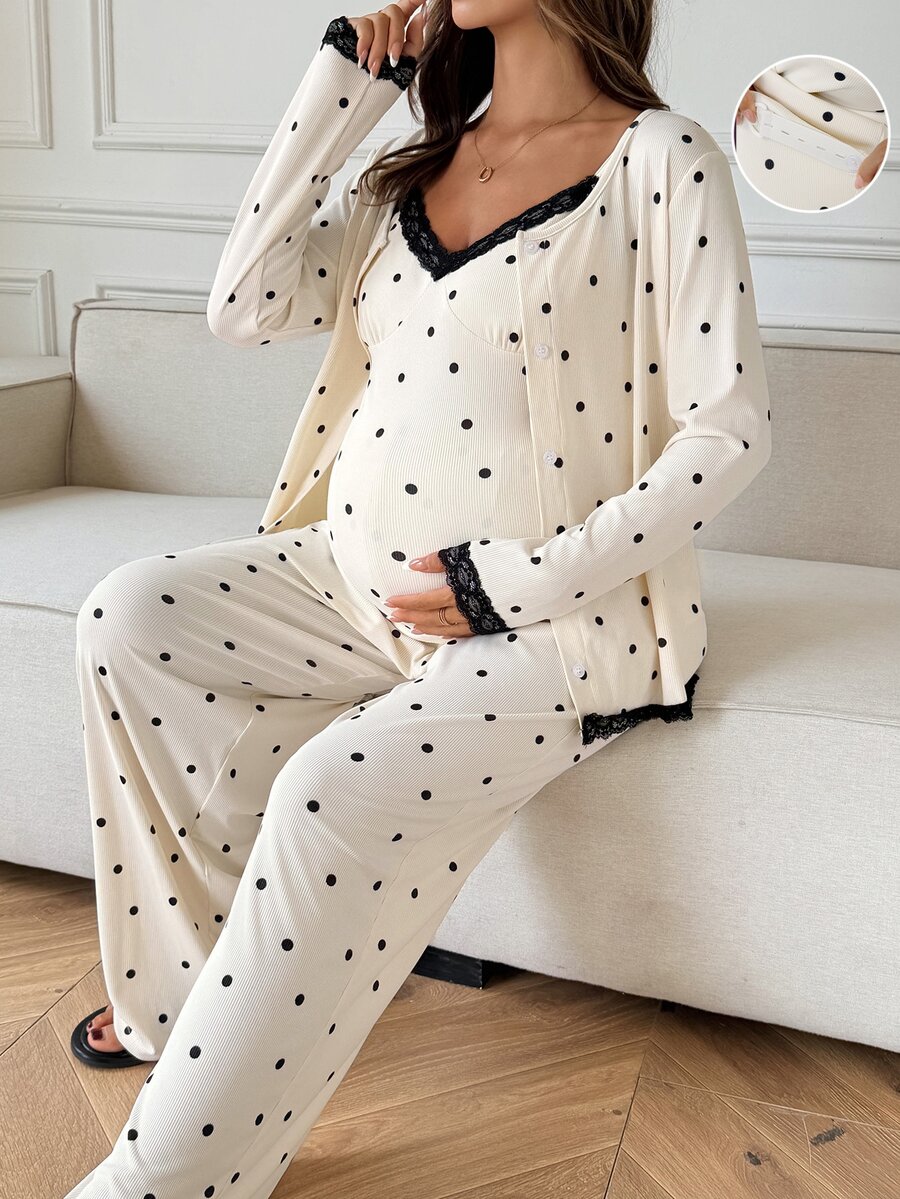 Dazy Maternity Contrast Color Polka Dot Lace Trim Slim Fit Camisole Straight Leg Pants Loose Cardigan Casual Daily Home Spring Autumn 3-Piece Set Maternity 2-Piece Set - Apricot - View 1