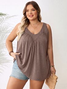 SHEIN CURVE+ 女款大尺碼綠色V領寬鬆背心 - 棕色 - 查看 6