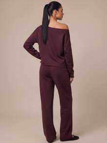 SHEIN BAE Women Burgundy Letter Print Off Shoulder Long Sleeve Sports Sweatshirt Gym Workout Training Running Yoga Athletic Activewear - Red Violet - View 2
