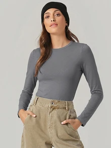 SHEIN BASICS 女款休閒百搭純色修身長袖T恤上衣 白色 - 灰色 - 查看 3