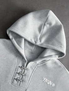 PAVTROS Men's Letter Patch Airplane Buckle Design Hoodie - Grey - View 4