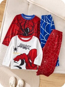 SHEIN Kids Young Boy Simple Solid Color Crew Neck Long Sleeve T-Shirt + Woven Plaid Pattern Loose Casual Pants 4-Piece Pajama Set, Soft Comfortable Casual Home Sleepwear Set 2 Pieces, Suitable For All Seasons - Multicolor - View 9