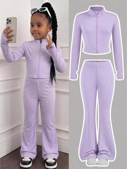 Young Girl Solid Color Stand Collar Sporty Casual Daily Knit Cardigan Jacket & Flare Pants 2 Pieces Set,Herbst Outfit Coat,Long Sleeve Top