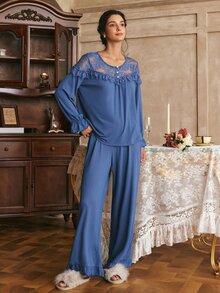 Côtesoire Women's French Elegant Lace Patchwork Long Sleeve Long Pants Pajama Set - Teal Blue - View 6