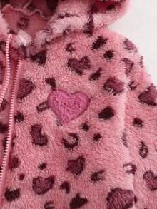 SHEIN Genkimix Kids 女童秋冬休閒時尚豹紋抓絨拉鍊連帽開襟外套 - 粉色 - 查看 7