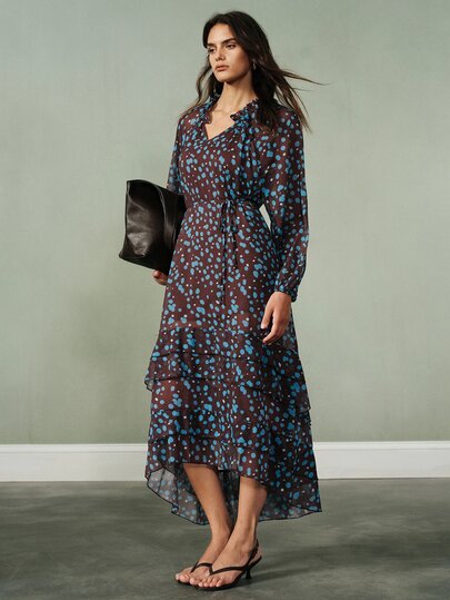 Aveloria Modichic Brown & Blue Irregular Hand-Painted Polka Dot Print Chiffon V-Neck Tie Bow Design Ruffle Trim Layered Full Skirt Umbrella Hem Cinched Waist Tie Long Sleeve Women's Dress, Elegant Romantic Vintage French Nomad Old Money Commute Vacation Casual Autumn/Winter Modern Versatile