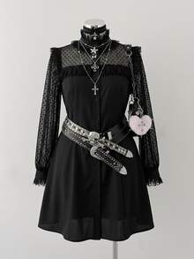 Sunspun Plus Size Women's Dark Style Polka Dot Mesh Patchwork Dress Fall - Black - View 1