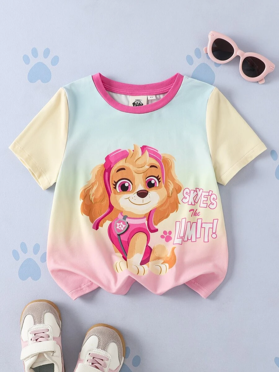 SHEIN | PAW Patrol Young Girl Letter Cartoon Print Casual Daily Short Sleeve T-Shirt - Multicolor - View 1