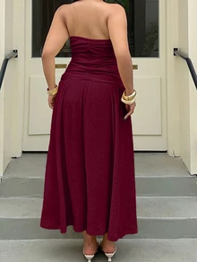 Muchica Plus Size Women Solid Color Pleated Casual Party Strapless Dress - Burgundy - View 2