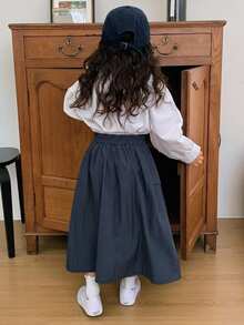 Dazy Kids تنورة كاجوال متعددة الاستخدامات بلون موحد للبنات المراهقات للاستخدام اليومي في فصل الخريف - أزرق بحري - مشاهدة 2