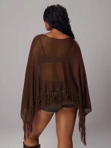 Rustia Sweater Ukuran Besar dengan Rumbai di Bagian Bawah dan Lengan Kelelawar untuk Musim Gugur - Coffee Brown - View 2