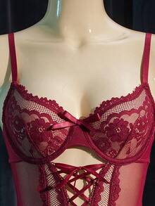 SpicyHot Women's Lace Contrast Mesh Sexy Bodysuit (Sexy + Sheer + Bodysuit + Underwire), Sexy Lingerie For Women, Adult, Honeymoon, Hot, Date Night, Lace - Burgundy - View 5