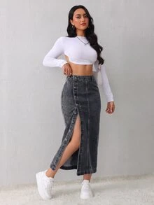 SHEIN Tall 女款高腰單排扣休閒牛仔裙職場穿搭 - 黑色 - 查看 3