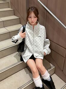 FRIFUL Women's Polka Dot Print Zip-Up Casual Loose Fit Sweatshirt Fall - Grey - View 3