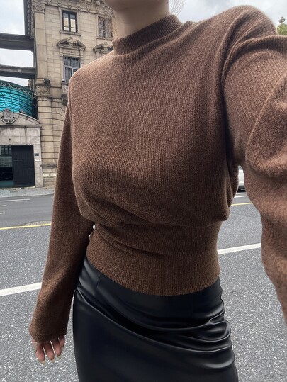 DAZY Autumn/Winter Brown Button Contrast Patchwork Stand Collar Elegant Office Work Casual Waist-Cinching Long Sleeve Women's T-Shirt