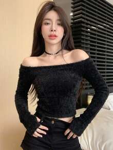 DAZY 女款方領修身T恤，性感風格 - 黑色 - 查看 4