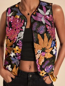Travachic Women's Vintage Exquisite Sequin Embroidered Vest Jacket - Multicolor - View 1