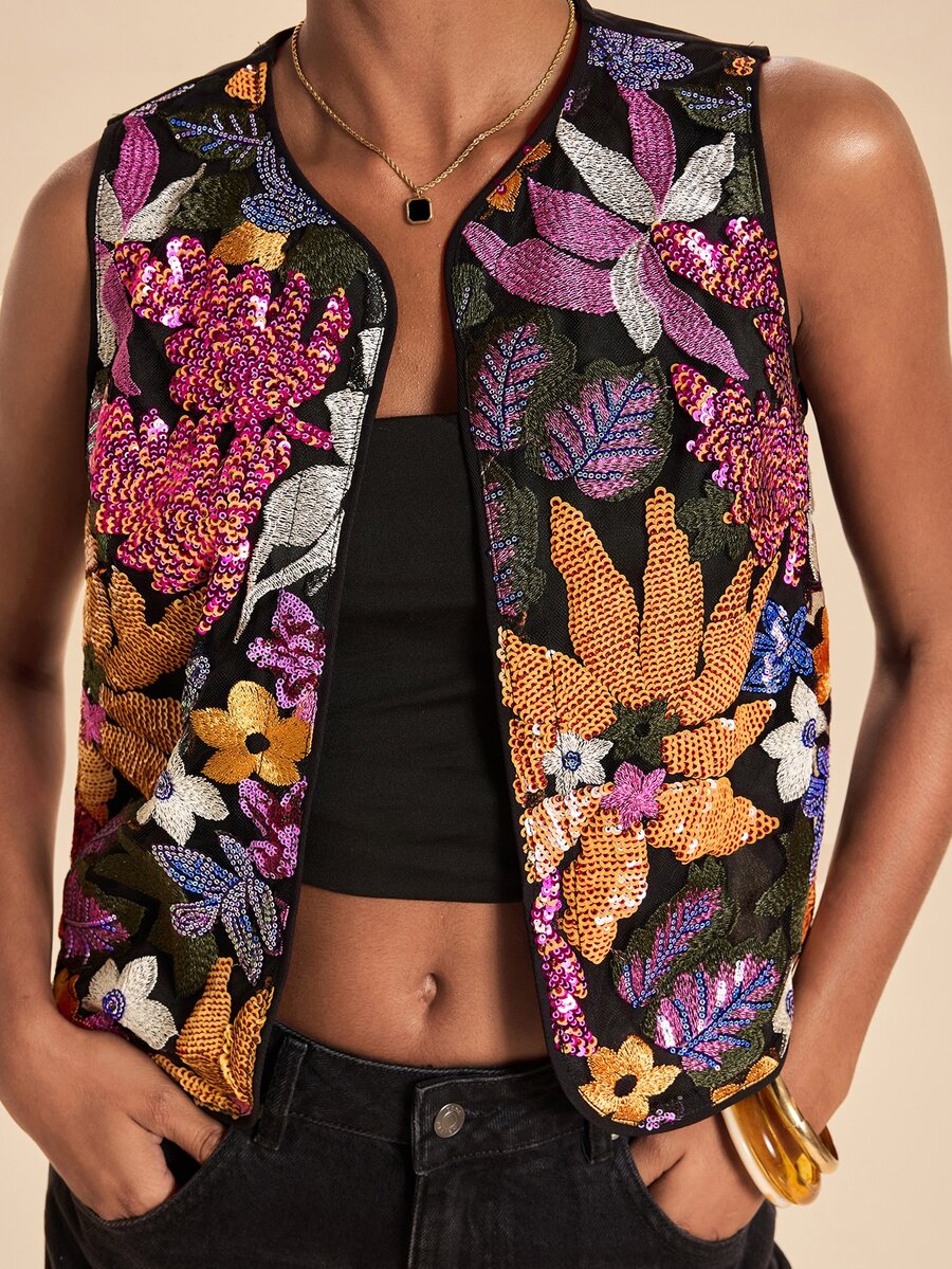 Travachic Women's Vintage Exquisite Sequin Embroidered Vest Jacket - Multicolor - View 1