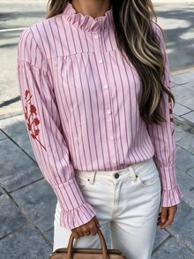 Flora Isola Flora Isola Women's Elegant Korean Style Commuter Ruffle Collar Striped Long Sleeve Blouse, Slimming Casual Striped Shirt (Random Pattern) - Pink - View 5