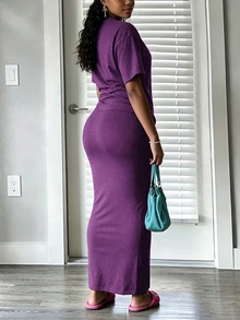INAWLY Solva Women's Solid Color Short Sleeve Top And Skirt Casual Daily 2 Pieces Set - Purple - View 3