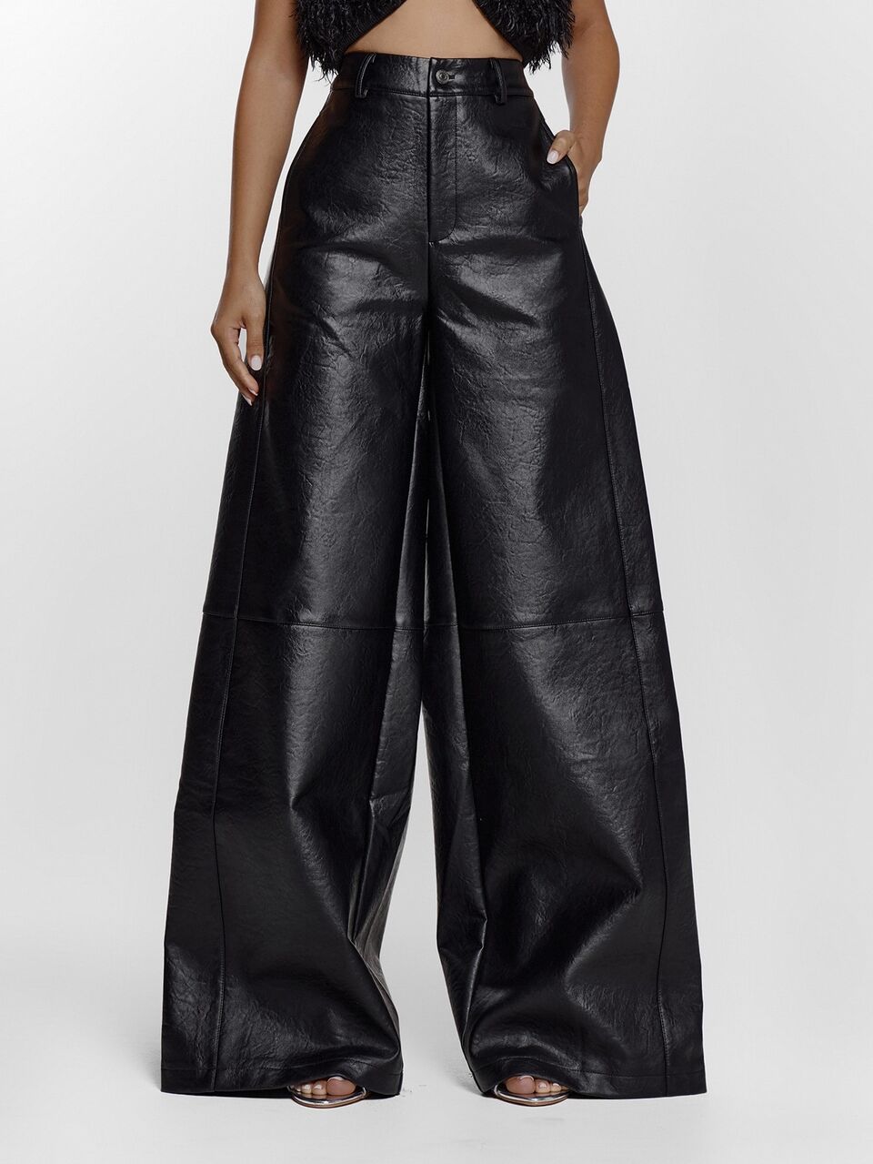 Petite Black Faux Leather Wide Leg Mid Waist Trouser