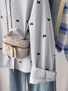 SHEIN Teen Girls Autumn New Blue & White Striped Cherry Pattern Loose Long Sleeve Shirt - Grey - View 5