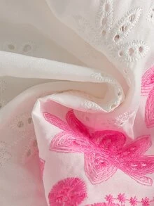 SHEIN Playful Pals 1件新生女嬰白色圓領鈕扣收腰長袖洋裝，深藍色花卉刺繡，荷葉邊裙襬，蝴蝶結裝飾，可愛休閒甜美韓風優雅洋裝，適合春秋日常穿著、外出、旅行、度假、派對等場合 - 粉色 - 查看 12