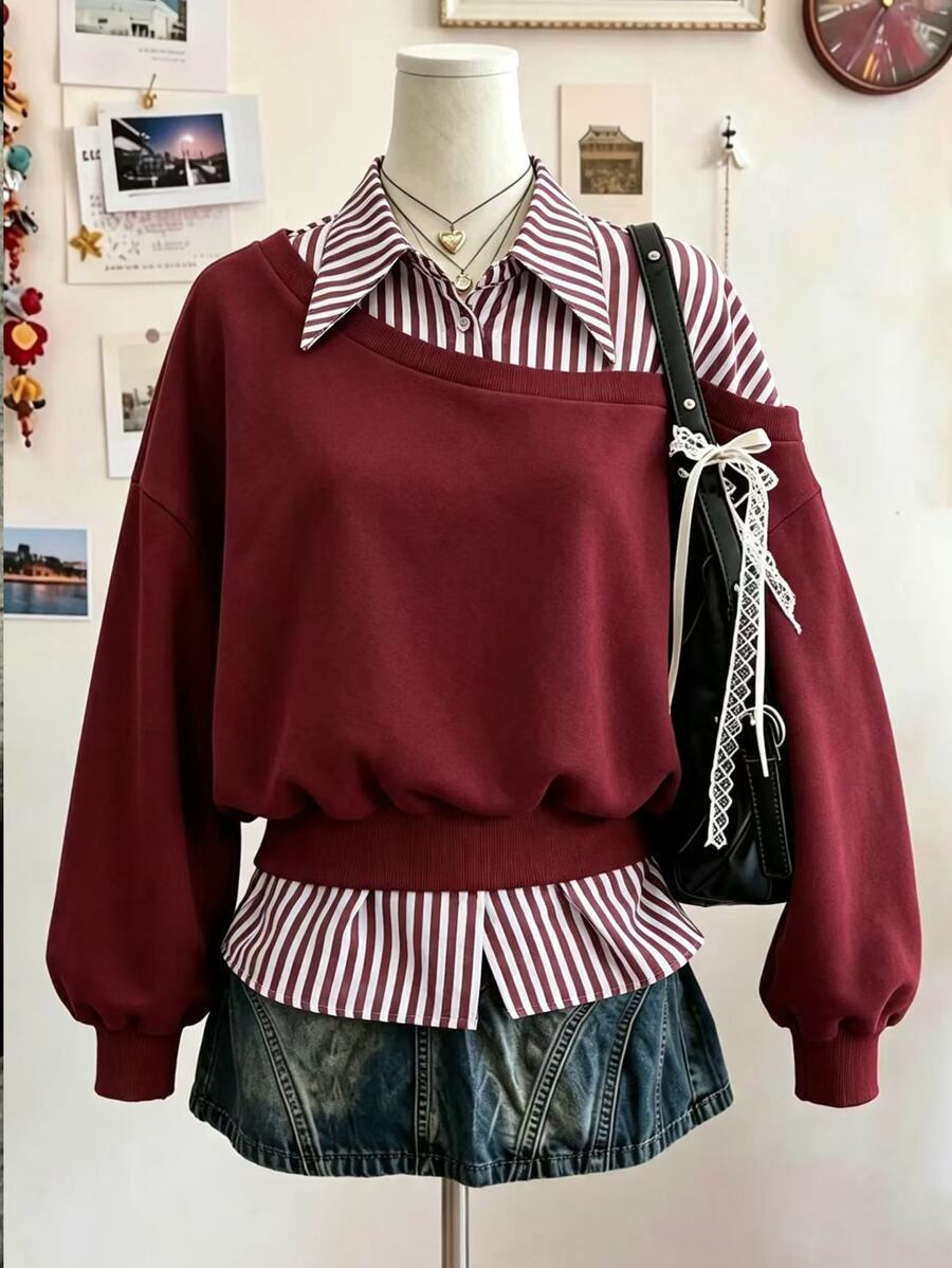 Lalippa 女款條紋領不對稱肩設計酒紅色運動衫 - 彩色 - 查看 1