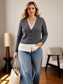 Vionelle Grey And White Colorblock 2 In 1 V-Neck Knit Cardigan, Single-Breasted Hem Splice Cropped Long Sleeve Plus Size Sweater Jacket Winter - Grey - View 4