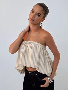 Hauture Denim Bubble Hem Strapless Top - Multicolor - View 6