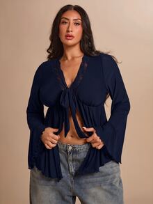 SHEIN BAE CURVE 大尺碼女款梅紫色喇叭袖網紗T恤，優雅上衣 - 藏蓝色 - 查看 6