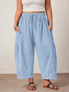 Enliva Plus Size Loose Fit Drawstring Casual Cropped Pants - Baby Blue - View 6