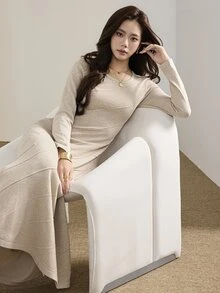 Heiryn Women's Solid Color Round Neck Long Sleeve Casual Knit Dress - Khaki - View 5