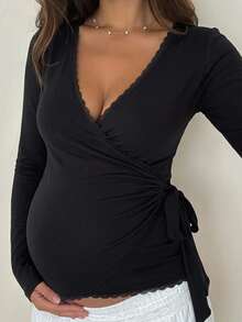Dazy Maternity Contrast Lace Trim Fitted Asymmetric Tie-Up Long Sleeve Elastic Casual Daily Korean Style Versatile Spring Autumn Maternity T-Shirt - Black - View 1