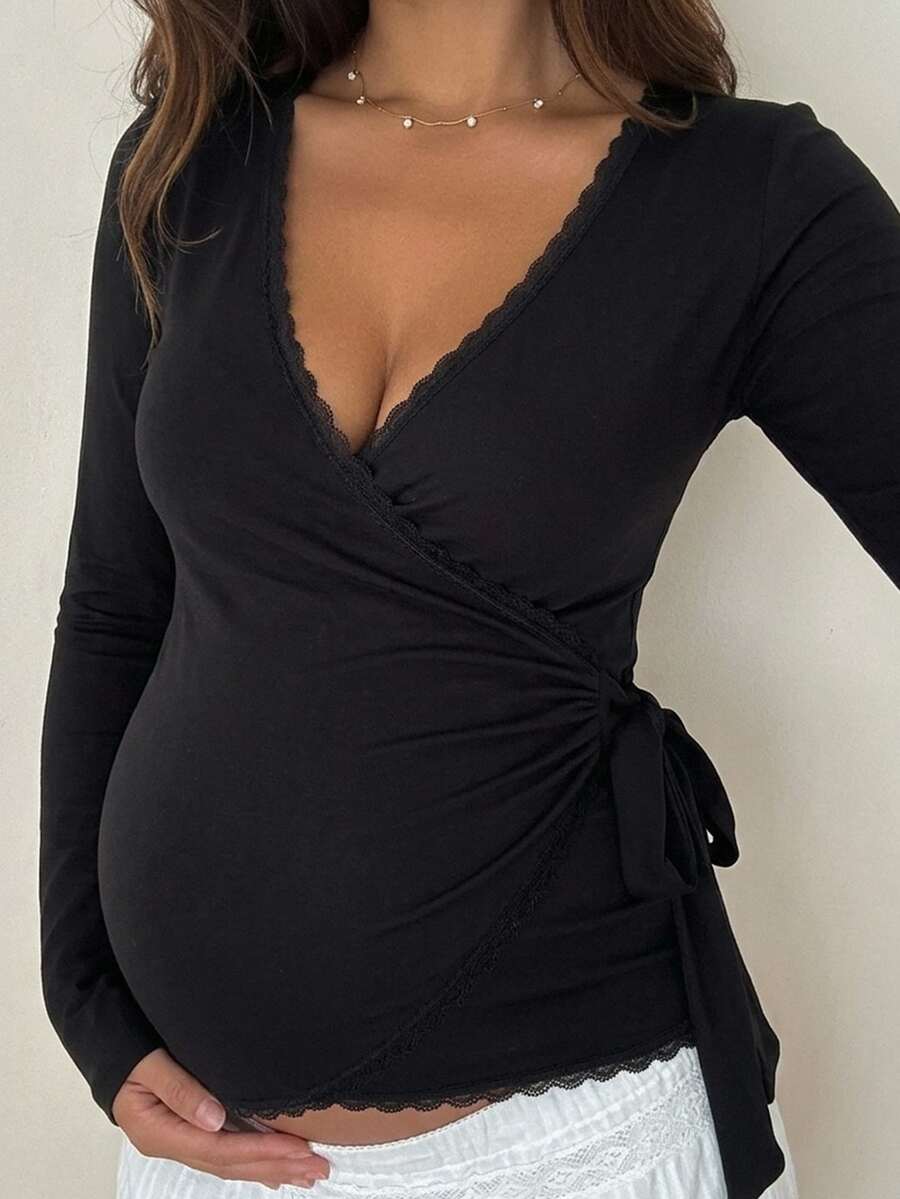 Dazy Maternity Contrast Lace Trim Fitted Asymmetric Tie-Up Long Sleeve Elastic Casual Daily Korean Style Versatile Spring Autumn Maternity T-Shirt - Black - View 1