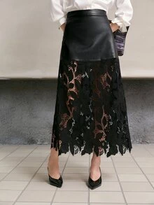 MOTF PREMIUM WOMEN'S ELEGANT PU PATCHWORK SHEER GUIPURE LACE SKIRT, AUTUMN/WINTER - Black - View 2
