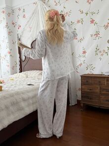 CottageSlumber Bubble Crinkle Floral Rabbit Print Collared Long Sleeve Pants Pajama Set - White - View 2